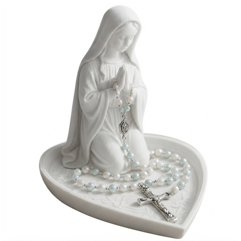 Oratório Porta Terço com Imagem de Nossa Senhora Base Coração Branco Decorativo Altar Religioso