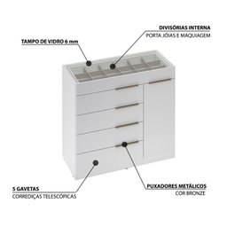 Cômoda Porta Joia Tampo Vidro 5 Gavetas Corrediças Telescopicas Lume Branco Demartez - 4