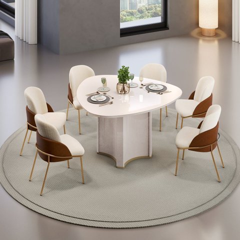 Conjunto Sala de Jantar Mesa Chanel Tampo Orgânico com Vidro 136cm com 6 Cadeiras Vitta Bege/Off White/Terracota/Pérola