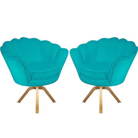 Kit 2 Poltronas Decorativa Pétala Base Giratória Madeira Suede Azul Tifany Mz Decor