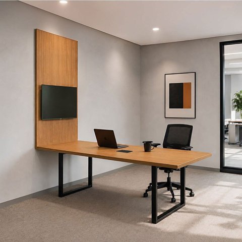Conjunto Mesa de Reunião 200cm com Painel de TV MDF Freijó e Preto