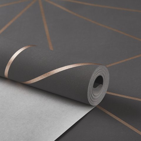 PAPEL DE PAREDE IMPORTADO GEOMETRICO CINZA ESCURO C/ COBRE
