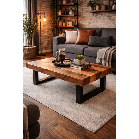 Mesa de Centro Retangular em Madeira com Base em Metal