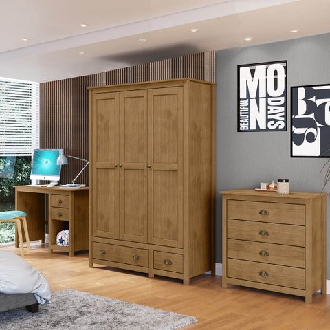 Conjunto Quarto: Guarda-Roupa 3 Portas, Escrivaninha, Cômoda 4 Gavetas Topázio Freijó Madeira Pinus 