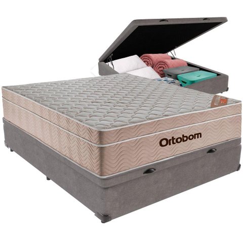 Cama Box Baú Cinza e Colchão Airtech Springpocket Molas Ensacadas Casal Ortobom