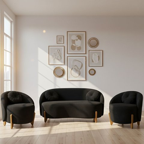 Kit 01 Sofá 2 Lugares + 02 Poltronas Orgânicos C/ Almofadas Curvo Sala Recepção Amsterdã Boucle Pret
