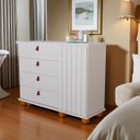 Ver imagem 2 de Cômoda Sapateira Talisma 4 Gavetas Porta Ripada Puxadores Couro Pés Madeira:branco