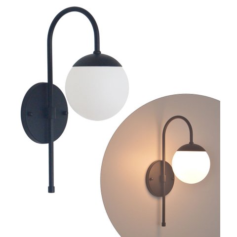 Arandela Jabuticaba Curvada Preta C/ Globo de Vidro.:preto Fosco