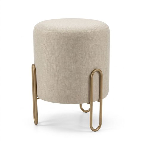 Puff Banqueta Decorativo com Base de Metal Ferro e Tecido em Linho - Bege/Bronze