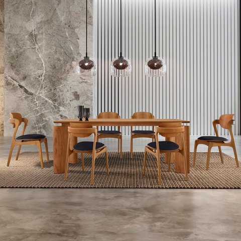 Mesa de Jantar Tokyo Tampo 180cm Madeira Laminado com 6 Cadeiras Celeste Gold Marrom/Preto/Cinamomo