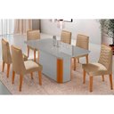 Ver imagem 1 de Conjunto: Mesa de Cozinha Pietá C/ Tampo Madeirado C/ Vidro Canto Curvo 180x90cm e 6 Cadeiras