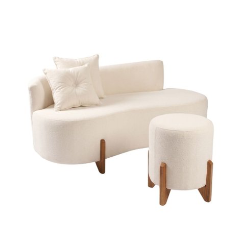 Conjunto Sofá Curvo Orgânico + 01 Puff Luna Boucle Branco - Montanaris Decor