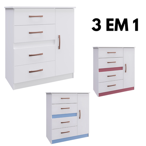 Cômoda 3 em 1 com 4 Gavetas e 1 Porta Adulto ou Infantil Mdp