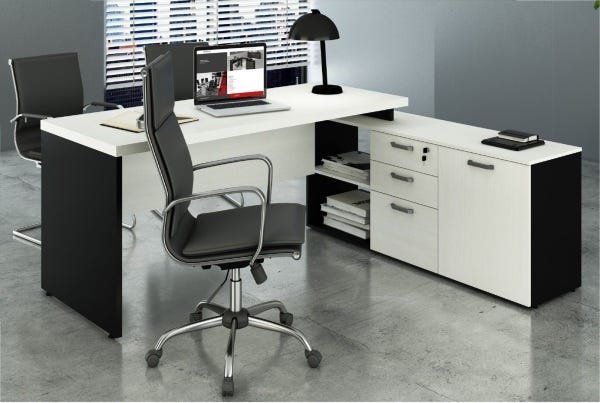 Mesa para Consultório em L 1,90x1,60 Web40 40mm com Armário de 1 Porta e 3 Gavetas Branco/Preto