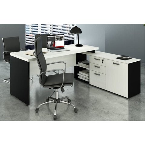 Mesa para Consultório em L 1,90x1,60 Web40 40mm com Armário de 1 Porta e 3 Gavetas Branco/Preto