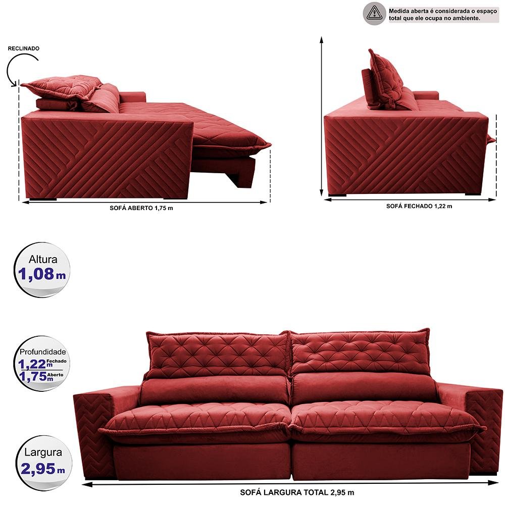 Sofá Retrátil e Reclinável 2.95m Molas Ensacadas Cama inBox Spazus com Bordado 3D Velusoft Vermelho - 2