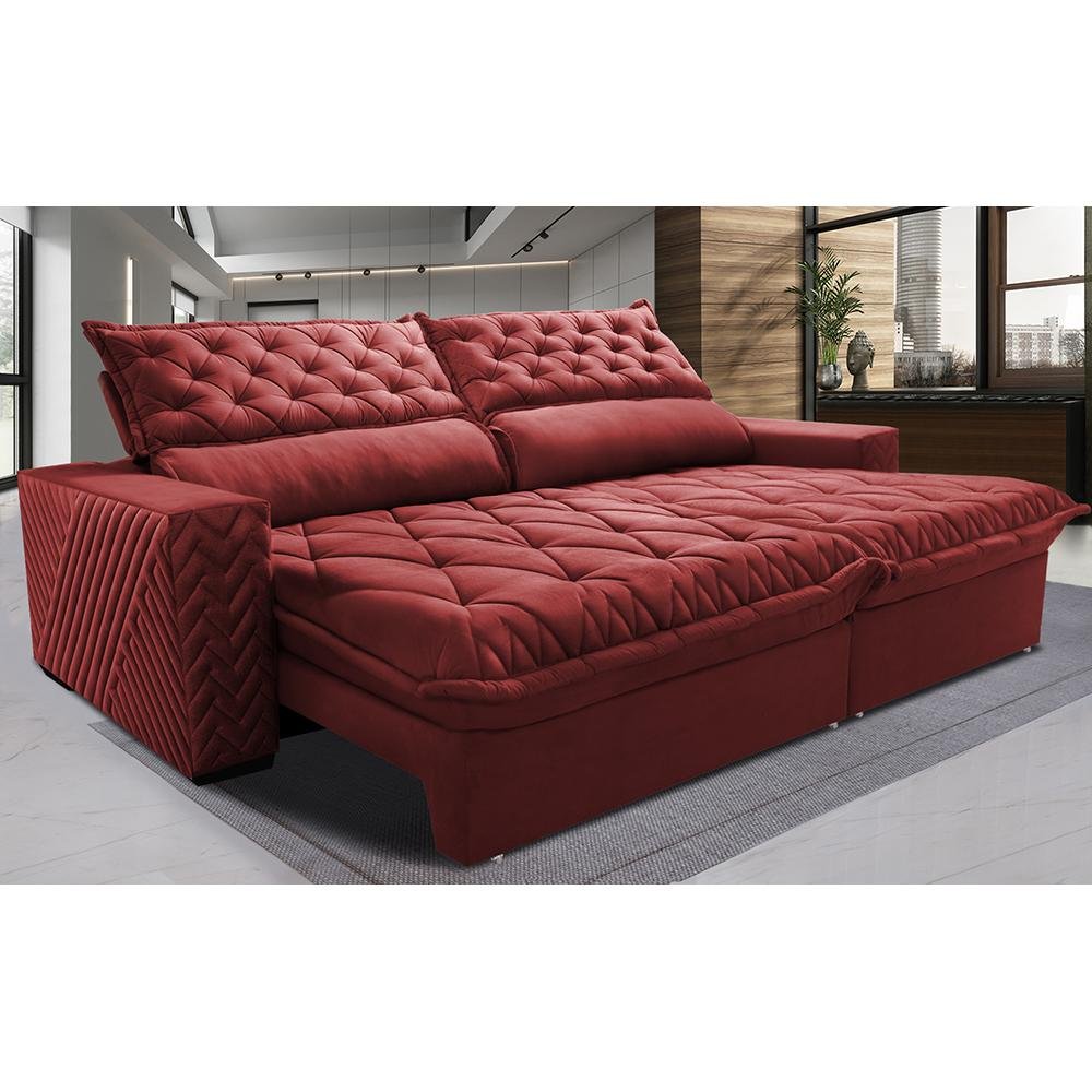 Sofá Retrátil e Reclinável 2.95m Molas Ensacadas Cama inBox Spazus com Bordado 3D Velusoft Vermelho - 7