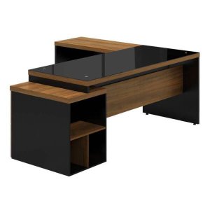 Mesa Pedestal Presidente Web40 1,92x1,60x0,735M Gaveteiro 3 Gavetas + Vidro Fumê 4mm - Nogal Sev