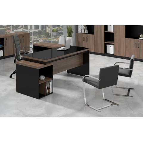 Mesa Diretor Web40 com Vidro 1,92x1,60 Tampo 40mm + Gaveteiro (2 Gavetas e 1 Gaveta de Arquivo) Am