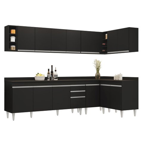 Armário de Cozinha Modulado de Canto 7 Peças Cp35 Balcão com Tampo Preto - Lumil Lumil Móveis