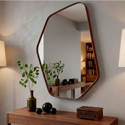 Espelho Geométrico Stellar 70x50cm Orgânico Couro Ecológico Decorativo Sala Banheiro Moderno:Caramel