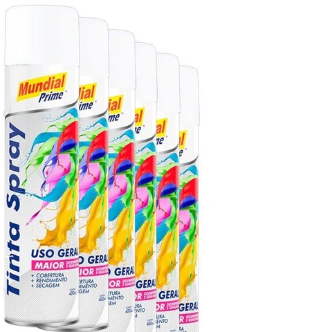 Kit 6 Tinta Spray Uso Geral Branco Brilhante Mundial Prime 400ml