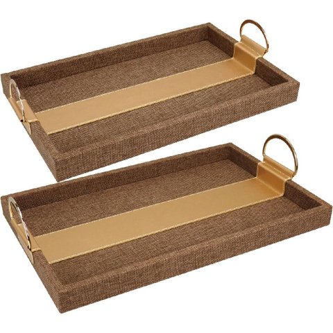 Jogo 2 Bandejas Decorativa para Servir Retangular Home&co com Alças em Metal Dourado Mdf Marrom