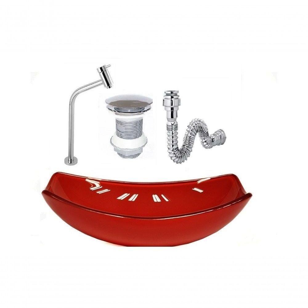 Cuba De Vidro Oval 46cm Vermelho+Valvula+Torneira+Sifao - 1
