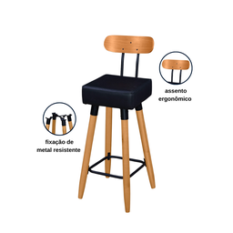 Kit 2 Banquetas Alta com Encosto Ergonômica para Cozinha Pés Madeira Quadrada - 2