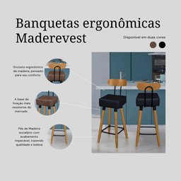 Kit 2 Banquetas Alta com Encosto Ergonômica para Cozinha Pés Madeira Quadrada - 4