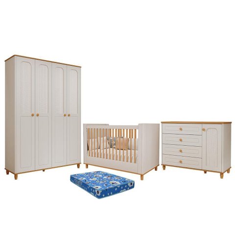 Dormitório Infantil Alfajor Guarda Roupa, Cômoda 1 Porta e Berço Off White/nature com Colchão