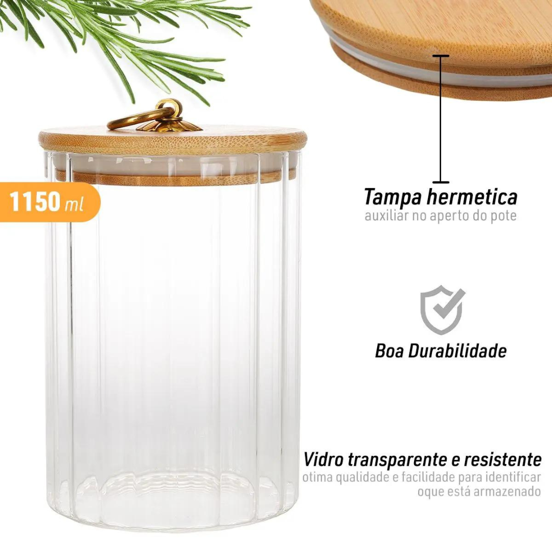 Pote de Vidro Riscas com Tampa de Bambu 1150ml - 6