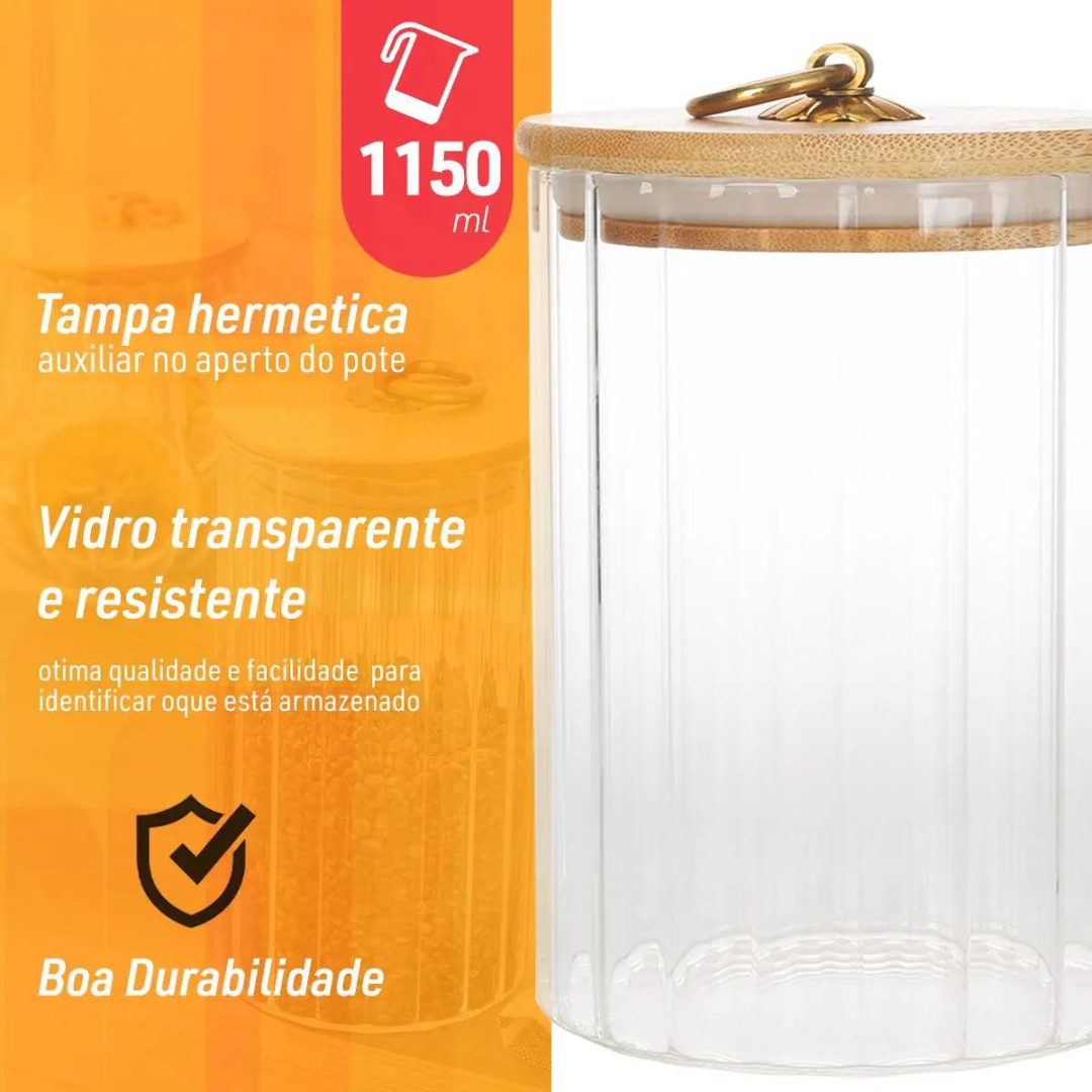 Pote de Vidro Riscas com Tampa de Bambu 1150ml - 4