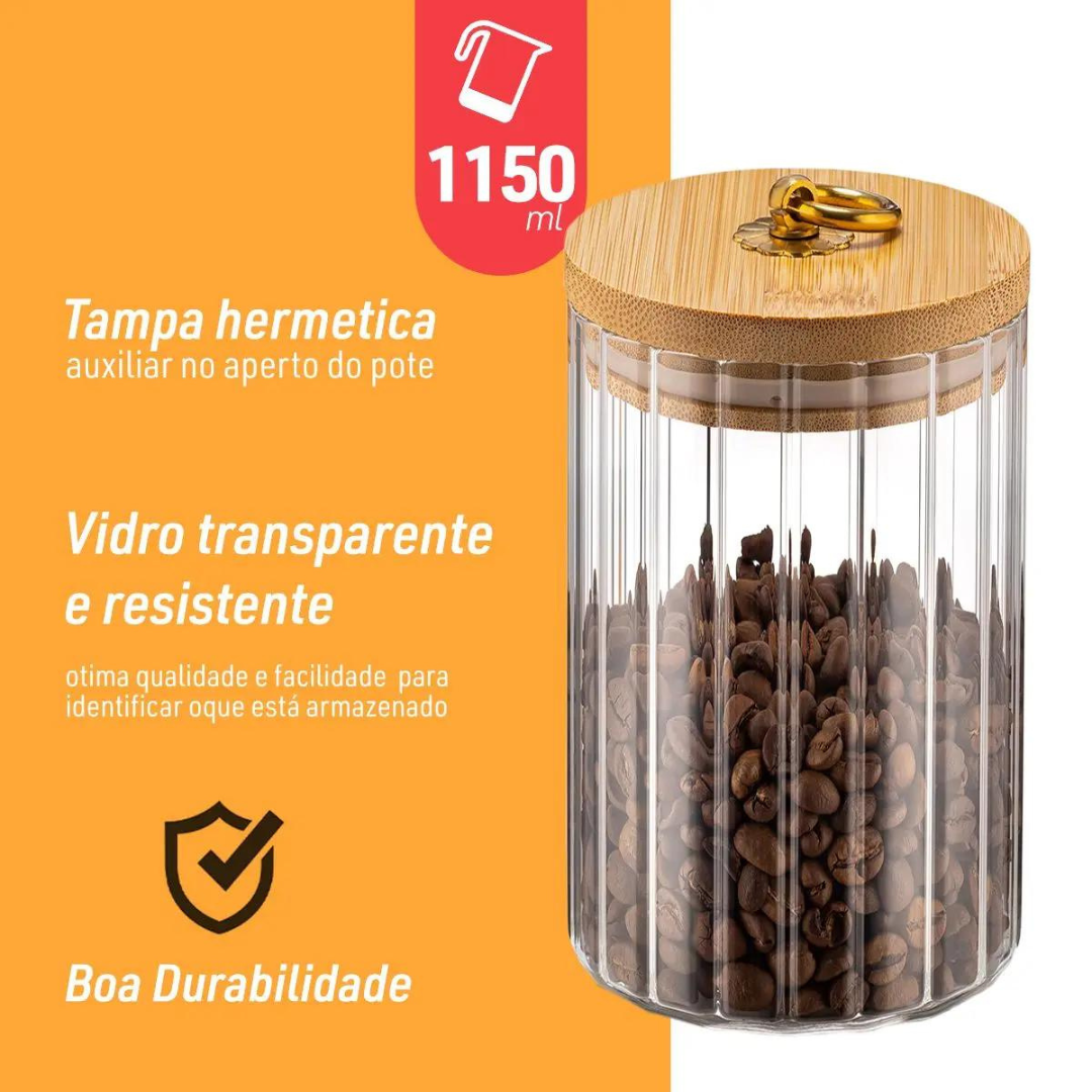 Pote de Vidro Riscas com Tampa de Bambu 1150ml - 3