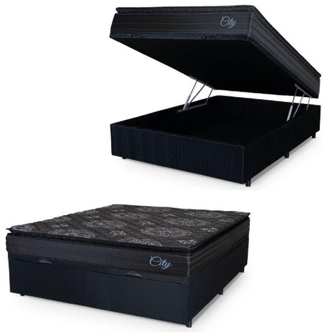 Cama Box Baú Casal Colchão com Molas Ensacadas City Pillow Top 138x188x64cm Preto Hellen Preto