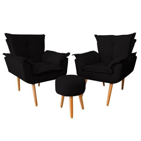 Kit 2 Poltronas Opala com Puff Suede Preto Ab Estofados