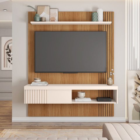 Painel Tv 55 Pol 150cm Bancada Suspensa Ripado Luana Freijó/off White C01 - D’Rossi