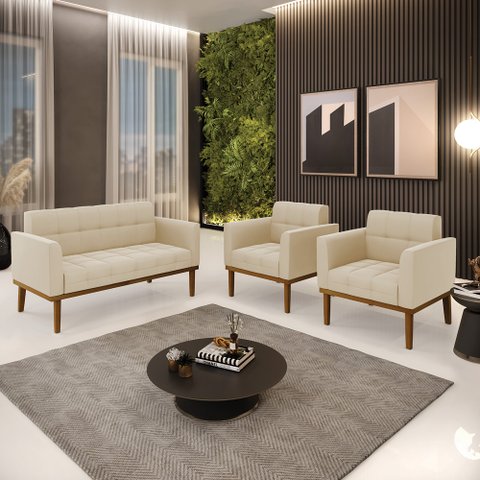 Conjunto 2 Poltronas e 1 Namoradeira Decorativa Karen Pés Fixo em Madeira Castanho Suede Bege G19 - 