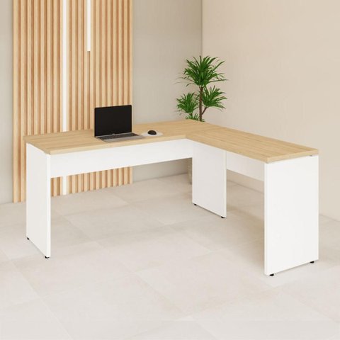 Mesa Escrivaninha 150cm em L Tampo 30mm Pés Painel F5 Office Cor:Macadâmia com Branco