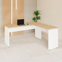 Ver imagem 1 de Mesa Escrivaninha 150cm em L Tampo 30mm Pés Painel F5 Office Cor:Macadâmia com Branco