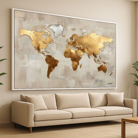 Quadro Mapa Mundi Aurora Dourada Dourado Cobre e Prata