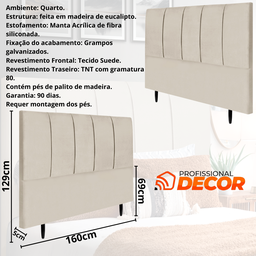 Cabeceira Queen Estofada 160cm Slim Veludo com Frames:bege - 3