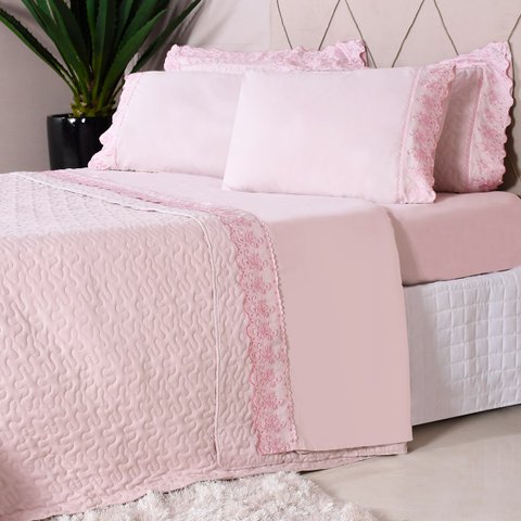 Kit Enxoval Queen Com Cobre Leito Bordado Ingles 7 Peças Soft Mauve - Bene Casa