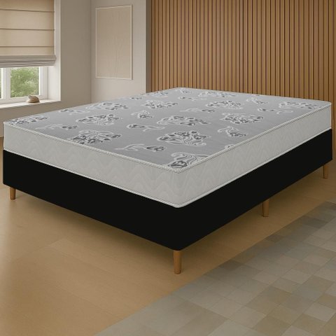Cama Box Preta + Colchão Viúva Andes Liso Branco Espuma D20 128x188x51cm