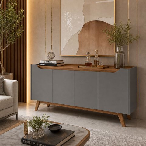 Buffet Aparador 4 Portas com Pés de Madeira Ravena 180cm Sala de Estar Jantar - Cinza / Cedro