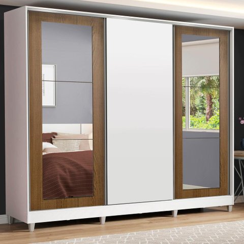 Guarda-roupa Casal Madesa Eros 3 Portas de Correr com Espelhos com Pés - Branco/rustic/branco