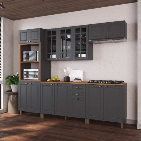 Cozinha Completa Modulada Nara 14 Portas 2 Gavetas MDF 270cm Cinza Fidelita Móveis