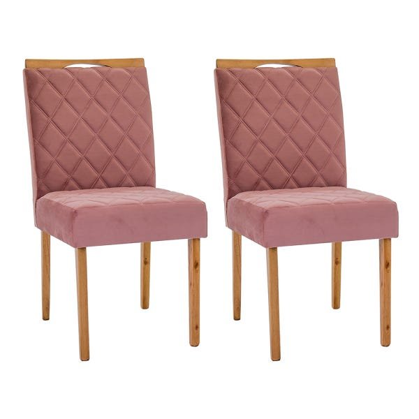Kit 2 Cadeiras Estofadas No Tecido Suede Rosê 100% Madeira Maciça Ferrugine Design