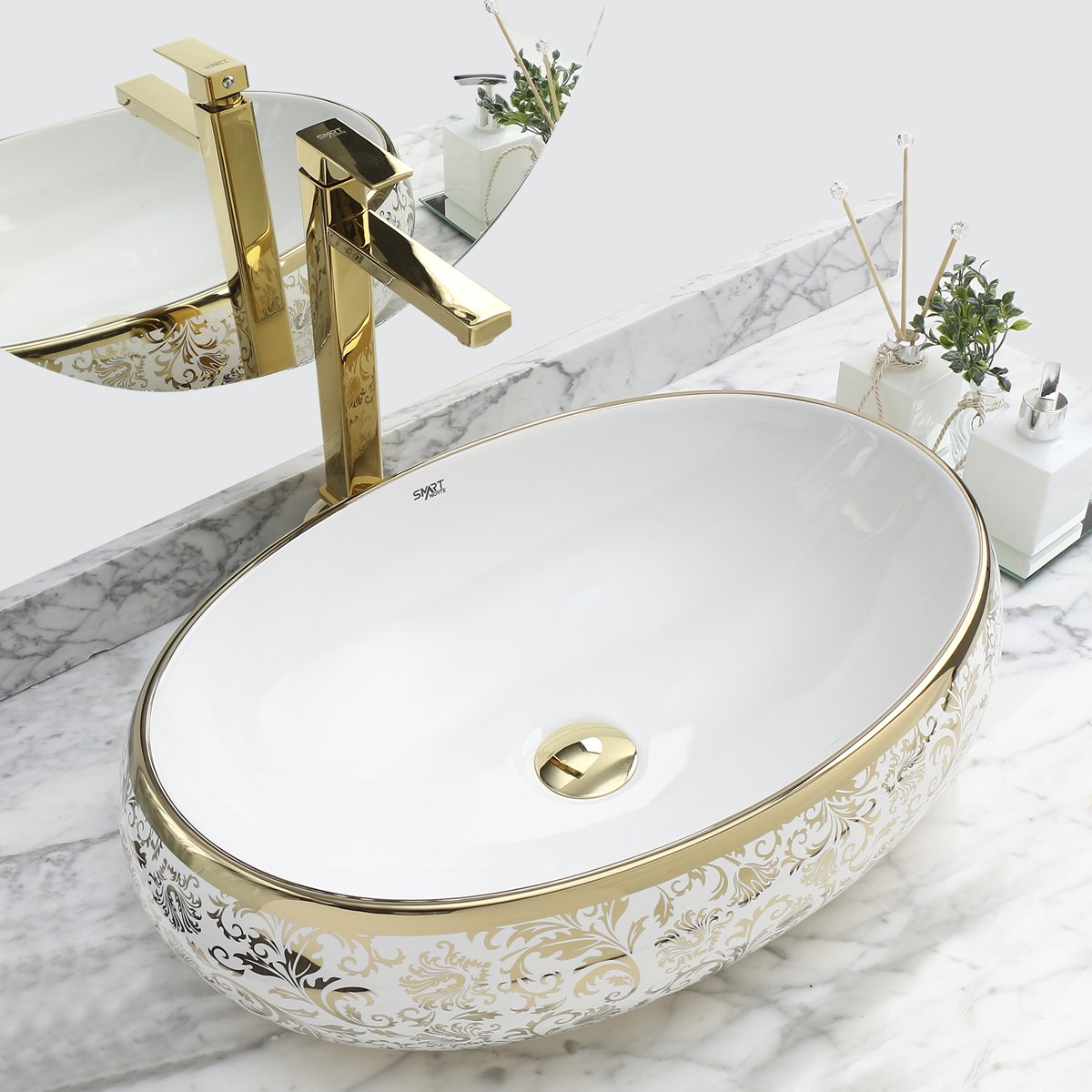Cuba Dourada Oval Luxo Lavabo Banheiro 62x42cm