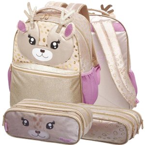 Kit Mochila Escolar Feminina Bichinhos Dourada Deer + Estojo Triplo Pacific Deer Friend Dourado